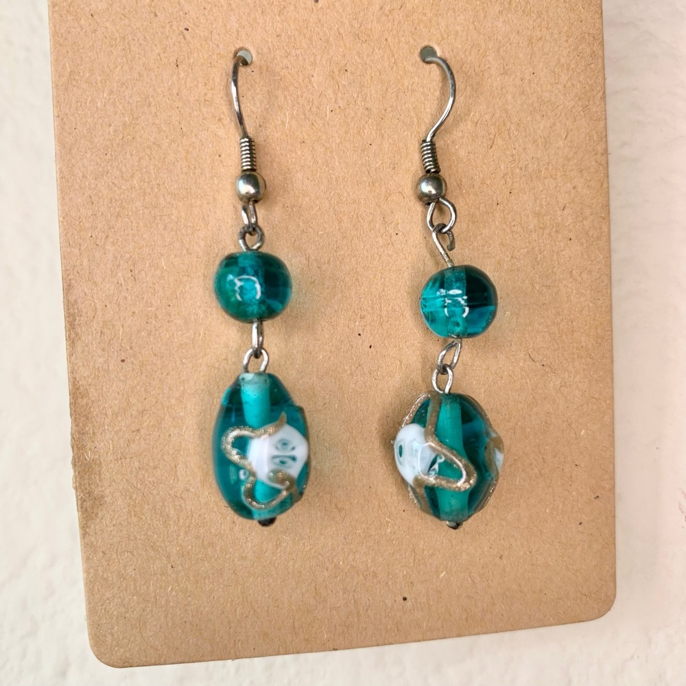 Green Bead with Gold Accent Drop Earrings - Picture 2 of 8